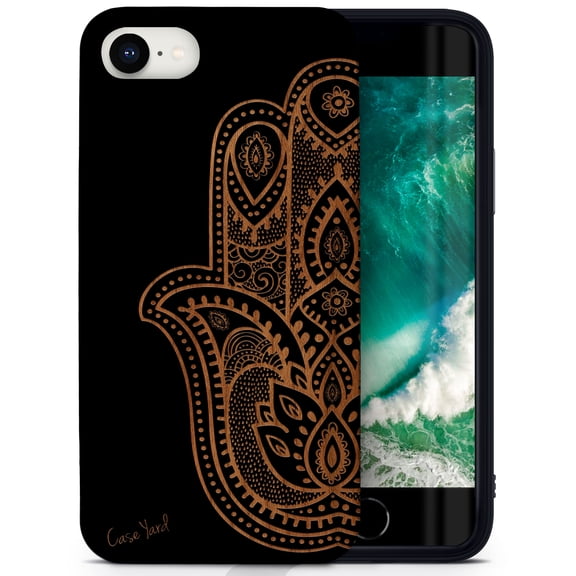 Case Yard Wooden Case for iPhone-SE Soft TPU Silicone cover Slim Fit Shockproof Wood Protective Phone Cover for Girls Boys Men and Women Supports Wireless Charging Half Hamsa Hand Design