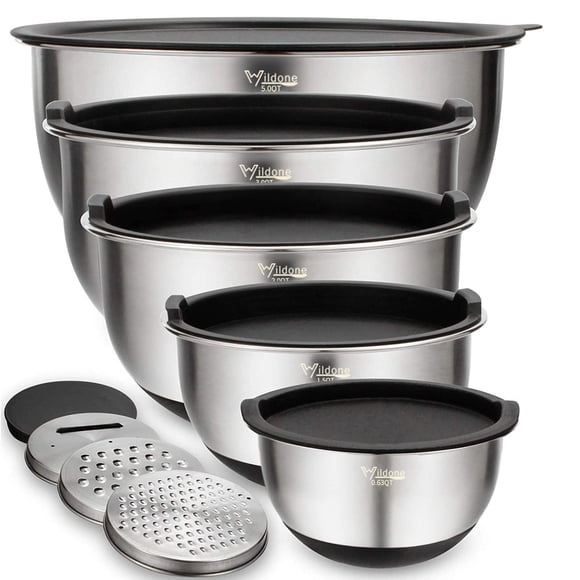 Wildone Ensemble de Bols à Mélanger avec Couvercles Hermétiques, 5 Pcs Bols Emboîtables en Acier Inoxydable pour la Cuisine, avec Accessoires pour Râpe et Antidérapants B