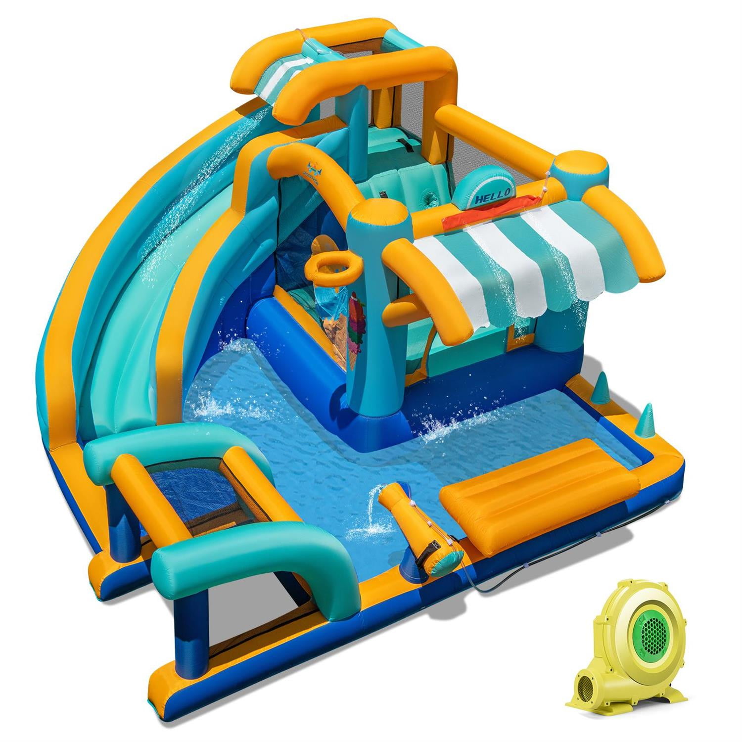 Spaco Inflatable Water Slide, 735W High-Power Blower, Curved Slide + Splash Pool, High-Density Oxford Cloth, Multicolor