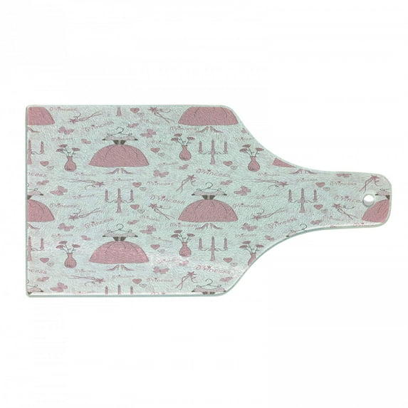 Cartoon Cutting Board, Pattern with Accessories of Cartoon Mystic Candles Bouquet Dress Shows, Tempered Glass Cutting and Serving Board, Wine Bottle Shape, Rose Pale Pink White, by Ambesonne