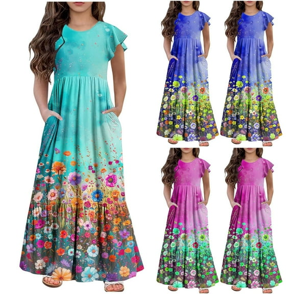 Sentmoon Girls Formal Dresses Summer Streetwear Crew Neck Girls Dresses Size 14-16 Relaxed Vintage Print Stretchy Girls Party Dress Kids for Beach 160