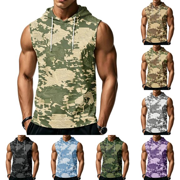 Mens Sleeveless Hoodie Camouflage Pattern Drawstring Hooded Vest with Kangaroo Pocket Relaxed Fit Sportswear Top