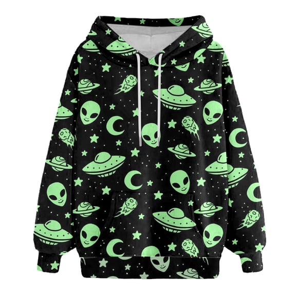 Hoodies for Men and Women Green Alien Graphic Printed Fall Casual Trendy Long Sleeve Sweatshirt Hooded Pullover Tops