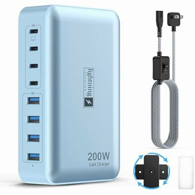 LinQingQ 8-Port Multi Charging Stations 200W with Flat Plug, Braided Power Cord, and On/Off Switch- USB Charging Hub for iPhone, iPad, MacBook and More- 65W C Port Power Adapter for Laptops