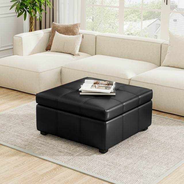 34.25 Inch Large Square Storage Upholstered PU Leather Coffee Table,Black