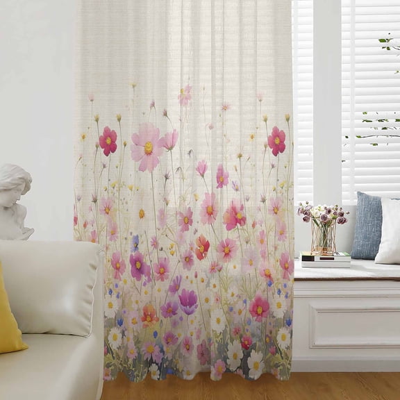 Pink Spring Floral Semi Sheer Curtains Drapes for Living Room, Bedroom, French Doors Window 45 Inches Long, Watercolor Summer Botanical Rod Pocket Chiffon Curtain Drapery Voile Draperies Panel