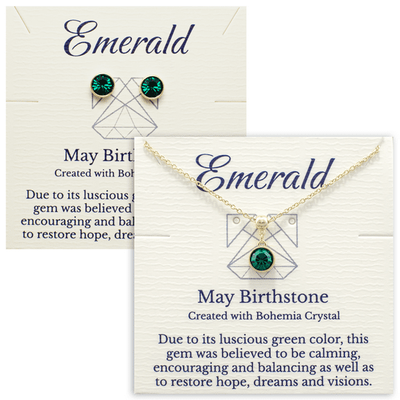 Gold May Birthstone Necklace and Stud Earrings Set with Bohemian Crystals, 14K Gold Plated, Birthday Month Gift, Great for Mom.