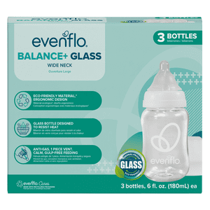 Evenflo Balance+ Wide Neck Glass Bottles, 6 oz, 3-Pack