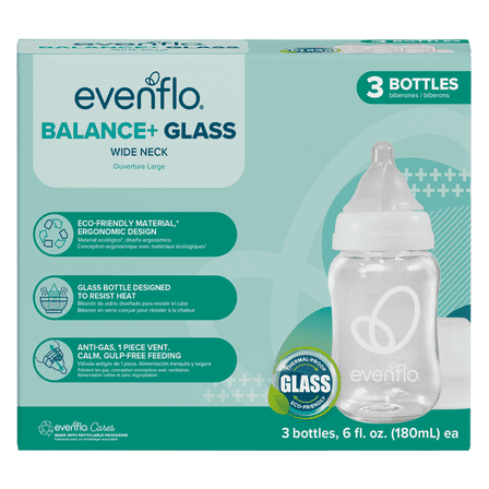 Evenflo Balance   Wide Neck Glass Bottles, 6 Fl oz, 3 Pack