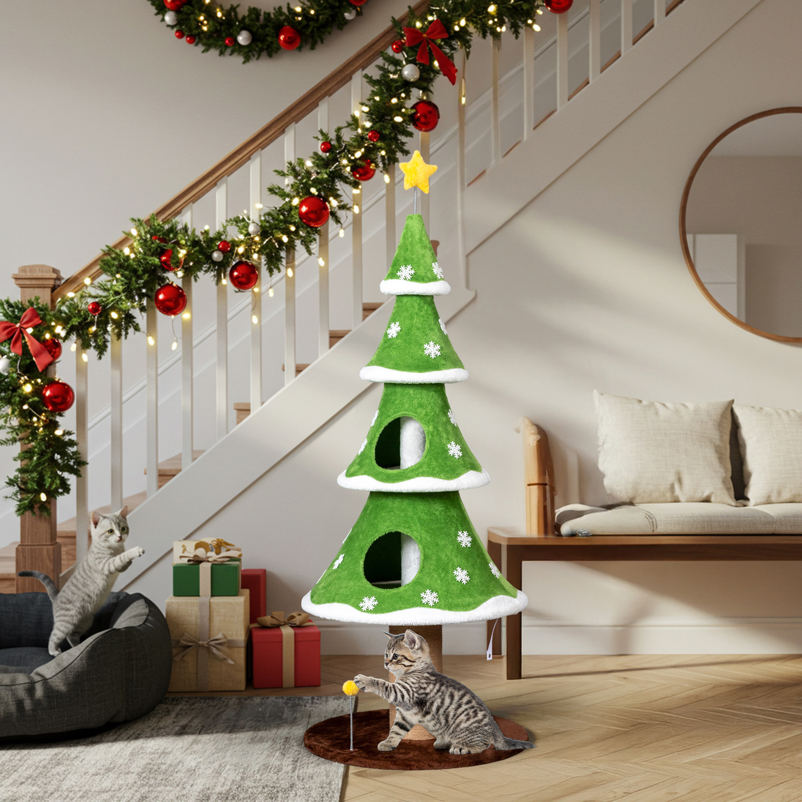 Zephypaws 59" Holiday Cat Tower with 2 Hideaway Condos, Fleece-Covered Levels, Sisal Scratch Post, Hanging Teaser Toy, Broad Base for Stability & Decorative Tree Design, Green & White