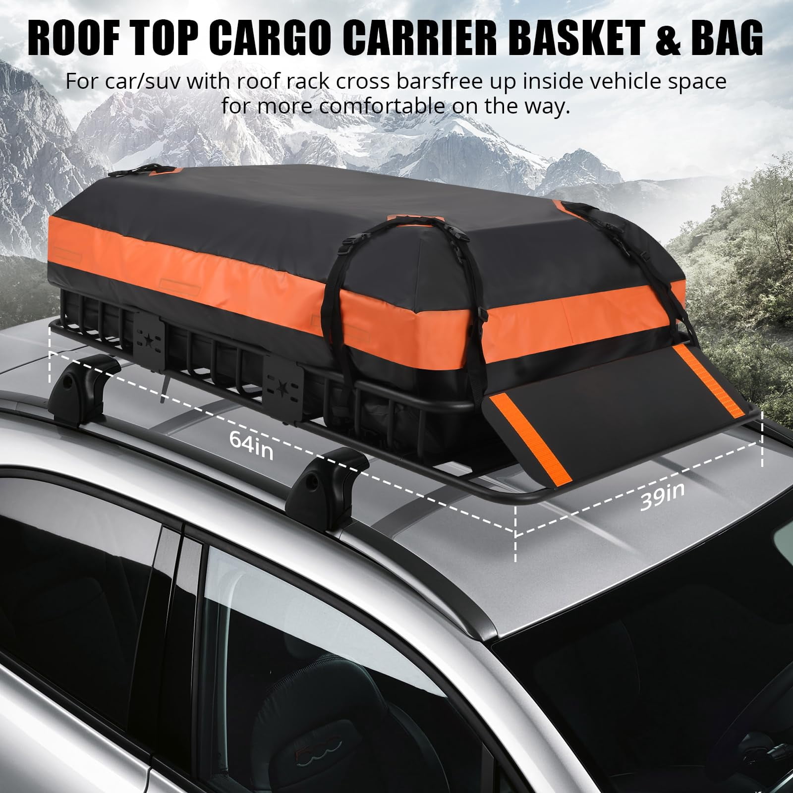 M optimized 64"x 39" x 6" Roof Rack, Rooftop Cargo Carrier Basket with 21 Cubic Feet Waterproof Bag, 200 Lbs Capacity, Rack Extension, Black