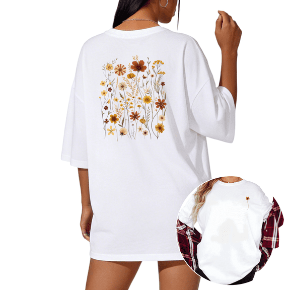 UNISHE Women's Wildflower Front & Back Graphic White Short Sleeve T-Shirt S-5XL Simple Crewneck Top