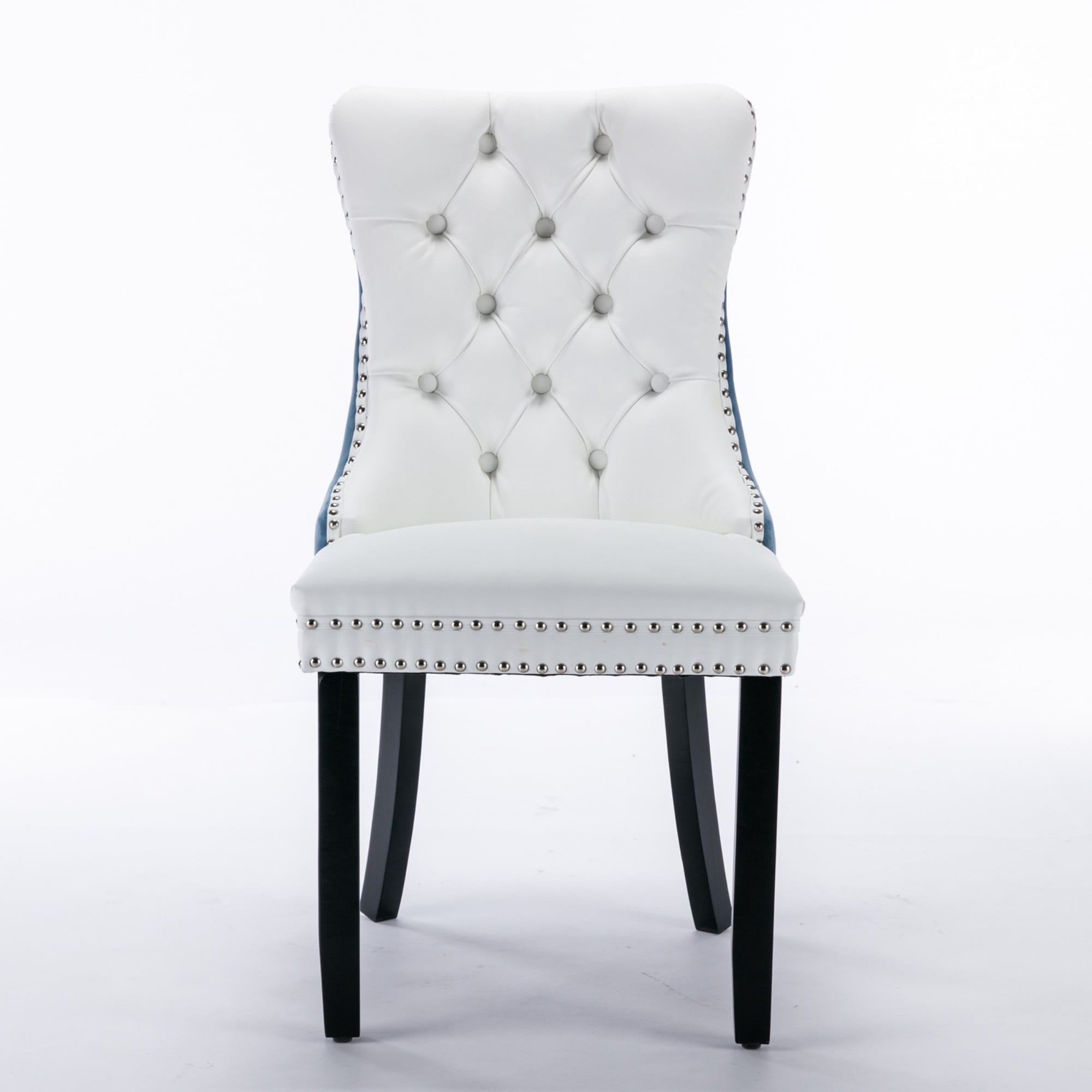 BSHTI 37.5-inch Modern Parson PU Leather and Velvet Upholstered Dining Chairs Set of 2 With Tufted Back, Nailhead Trim, Solid Rubberwood Legs for Dining Room (White+Light Blue)