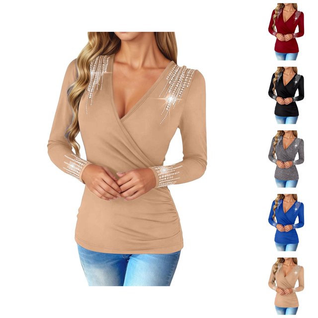 Womens Long Sleeve Tops 2026 Spring Trendy V Neck Rhinestone Shiny T Shirts Y2K Going out Tops Clubwear