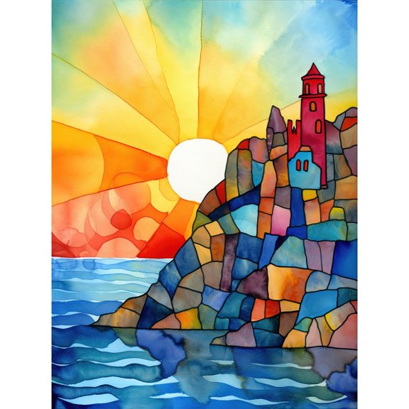 Sunset Coastal Cliffs Lighthouse Folk Art Unframed Wall Art Print Poster Home Decor Premium