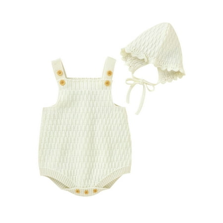 

Baby Girl Set 2PCs Sleeveless Knitted Vest Romper Solid Color Lace-up Hat Jumpsuit