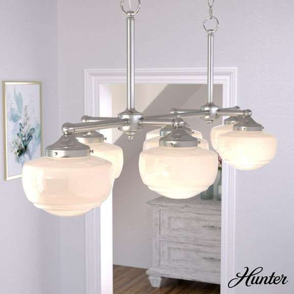 Hunter - Saddle Creek 7-light Brushed Nickel, Extra Large Chandelier, Dimmable, Schoolhouse Style, Linear Shaped, for Bedrooms, Dining, Living Rooms - 19492