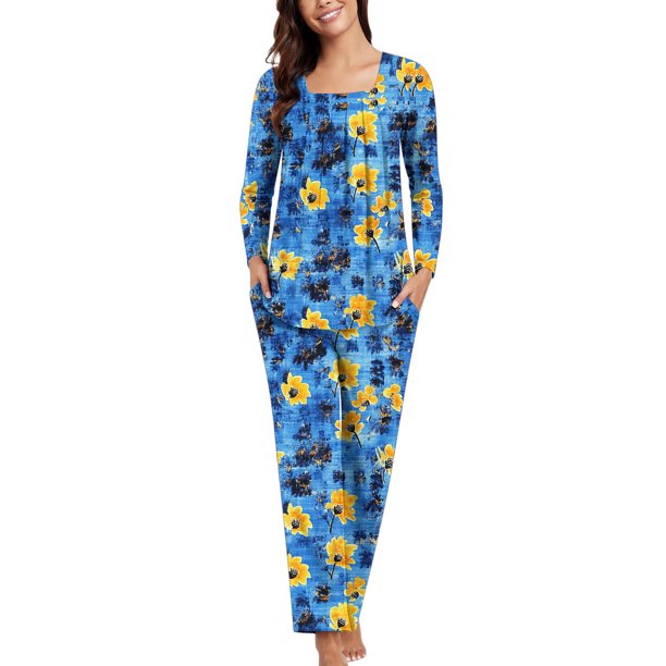 Puntoco Conjunto de pijama cómodo para mujer, conjunto de pijama informal de manga larga con estampado de moda para mujer y pantalones con bolsillos