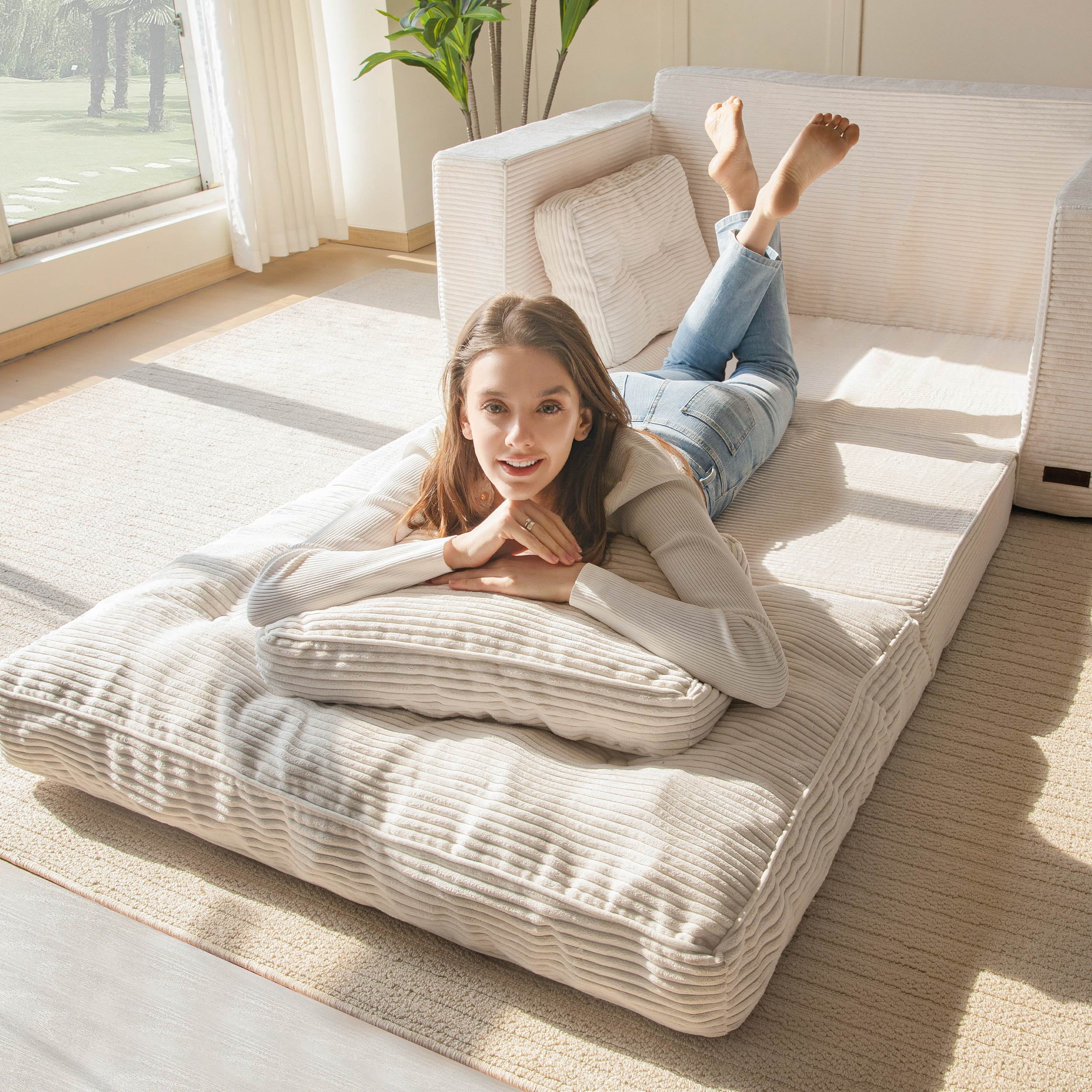 BYBYME Convertible Futon Sofa Bed,Pull Out Couch Beds Loveseat Sleeper,2 in 1 Folding Couch Bed with Pillows for Living Room Bedroom,Beige