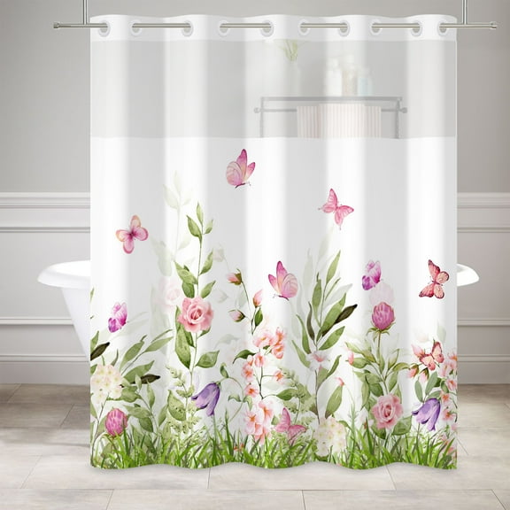 Mizhona Pink Butterfly Hookless Shower Curtain with Snap in Liner,Leaves No Hooks Bath Curtain,71"× 74"