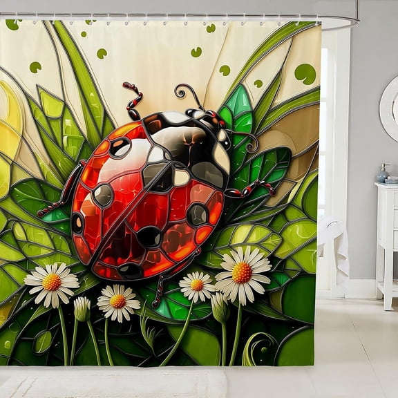 Stained Glass Ladybug Shower Curtain with Daisy Flowers and Green Leaves 71x71 inches