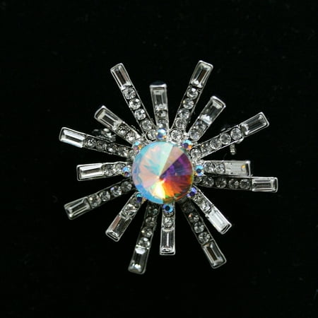 Vintage Clear Rhinestone Starburst Sunburst Hub Spoke Brooch Pin