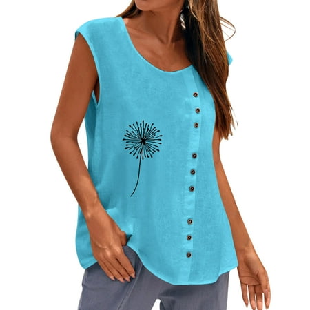 

Fsqjgq Cotton Tunics for Women Sleeveless Dandelion Printing Casual Summer Button Vest Round Neck Loose Blouse Top Tank Corset Top Women Polyester Light Blue M
