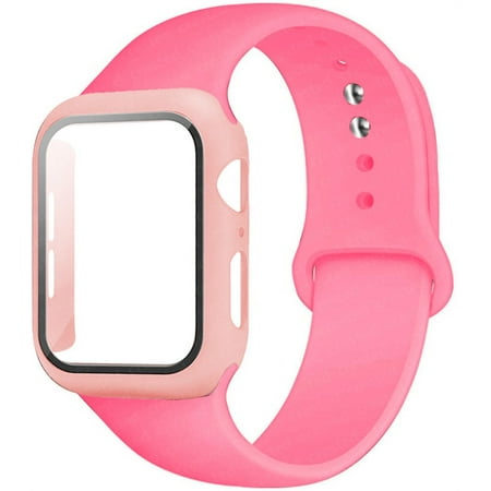 Glass+Case+Strap For Apple Watch band 44mm 40mm 38mm 42mm 40 44 mm Silicone Smartwatch Strap and PC screen protector Cover iWatch 3 4 5 6 SE Wristbands - Light Pink