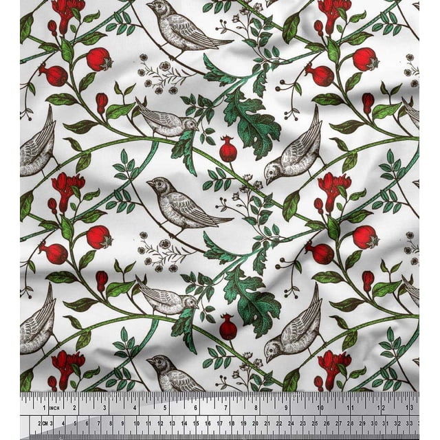 Soimoi Cotton Cambric Fabric Bird & Leaf Bird Decor Fabric Printed Yard 56 Inch Wide