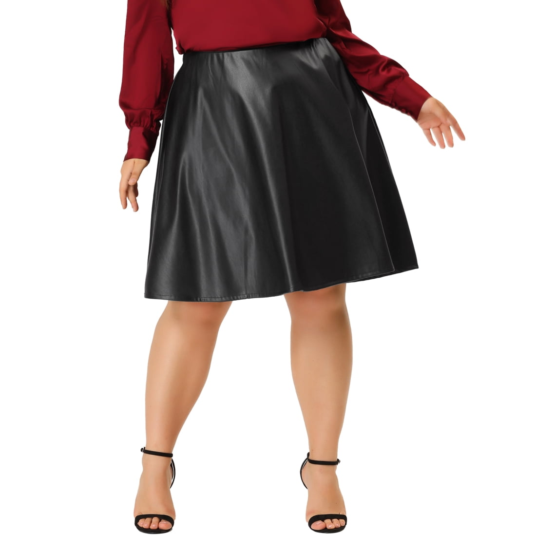 Unique Bargains Women s Plus Size PU Skirt A Line Versatile Flared Party Skirts Black 2X