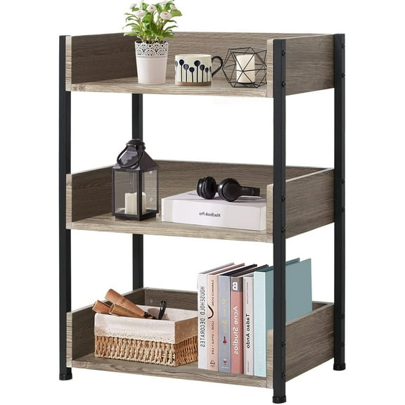 VECELO 3-Tier Bookcase with Storage Shelves, Industrial Style Wooden Bookshelf Storage Organizer Display Rack, Brown