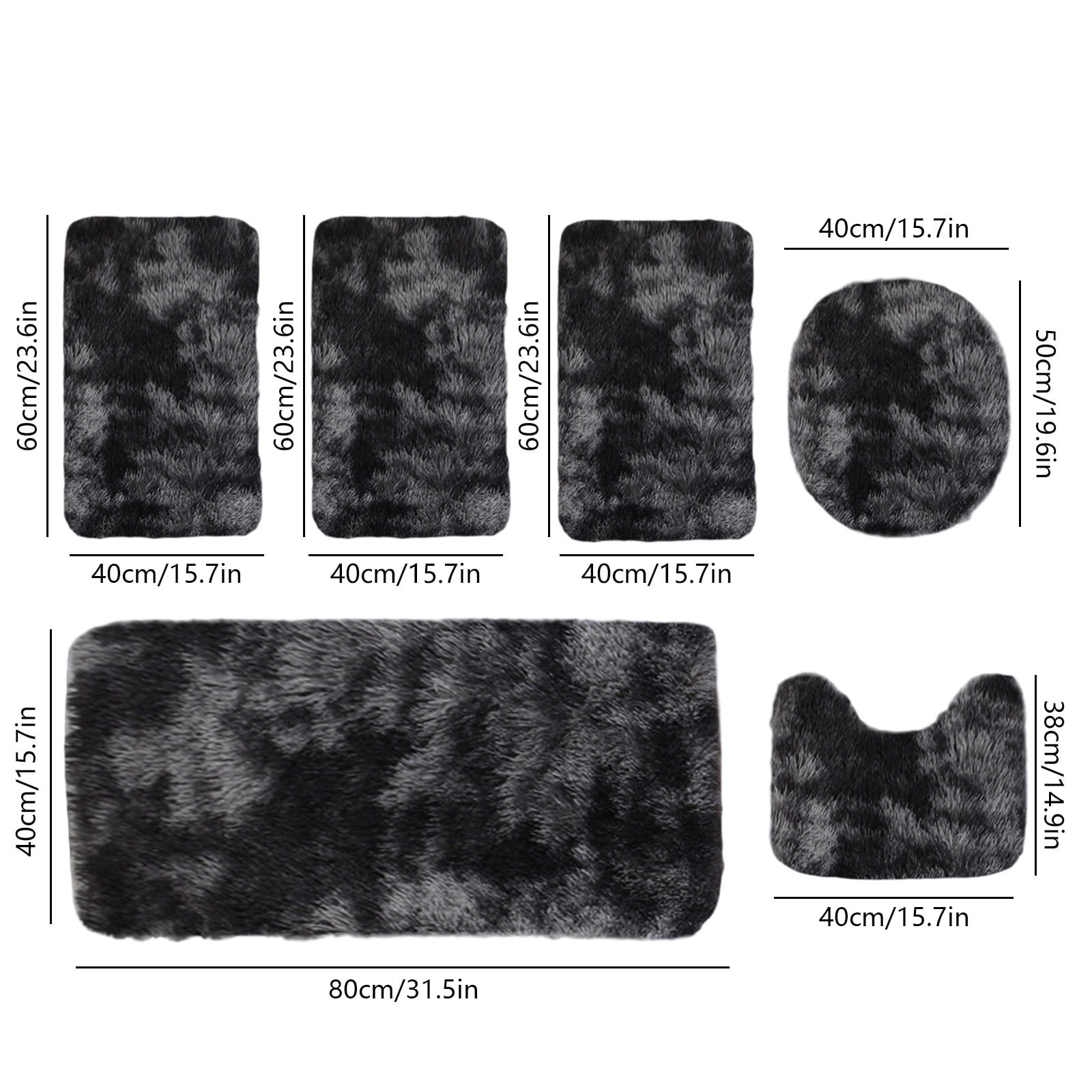 Qocolhg Mixed Colors Shaggy Bath Mats of 6 Piece U-Shaped Contour Toilet Rug, Soft Comfortable Water Absorption Non-Slip Bath Mat, Shower Mat for Floor, Room Door Mat, Machine Washable, Black