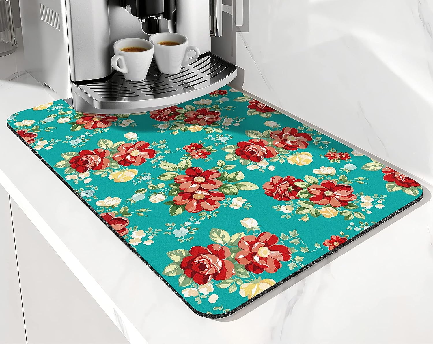 Coffee Bar Mat Accessories for Countertop Pioneer Flower Absorbent Hide Stain Rubber Backed Dish