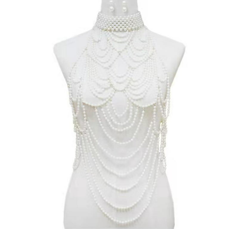 VIEGINE Womens Mutlilayered Pearl Body Chain Choker Necklace Harness  Adjustable Sexy Bikini Body Jewelry Bib for Party Wedding 