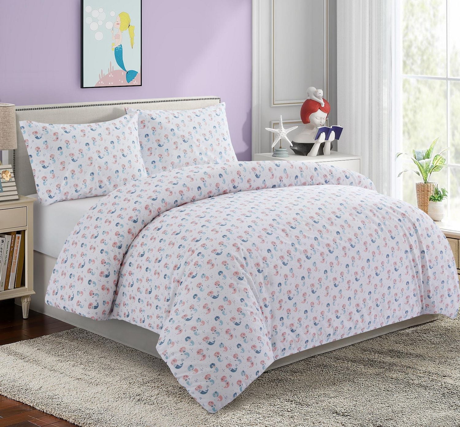 Literie Marina Décoration pour enfants et filles, en percale de coton doux 600 fils, avec fermeture éclair et lien d'angle, motif sirène.