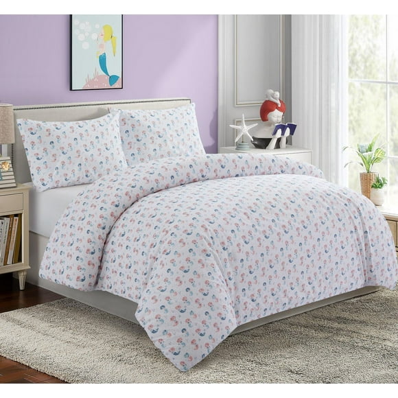 Literie Marina Décoration pour enfants et filles, en percale de coton doux 600 fils, avec fermeture éclair et lien d'angle, motif sirène.