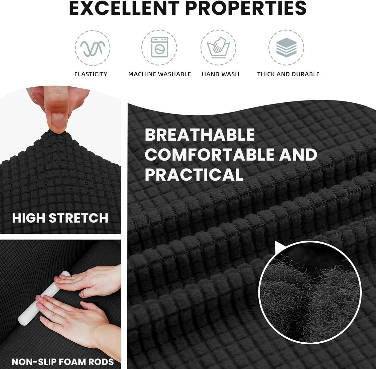 Stretch Sofa Slipcovers Couch Covers for 3 Cushion Couch Sofa Pet Friendly Non Slip Sofa Cover Washable Furniture Protector with Elastic Bottom (Large, Black)