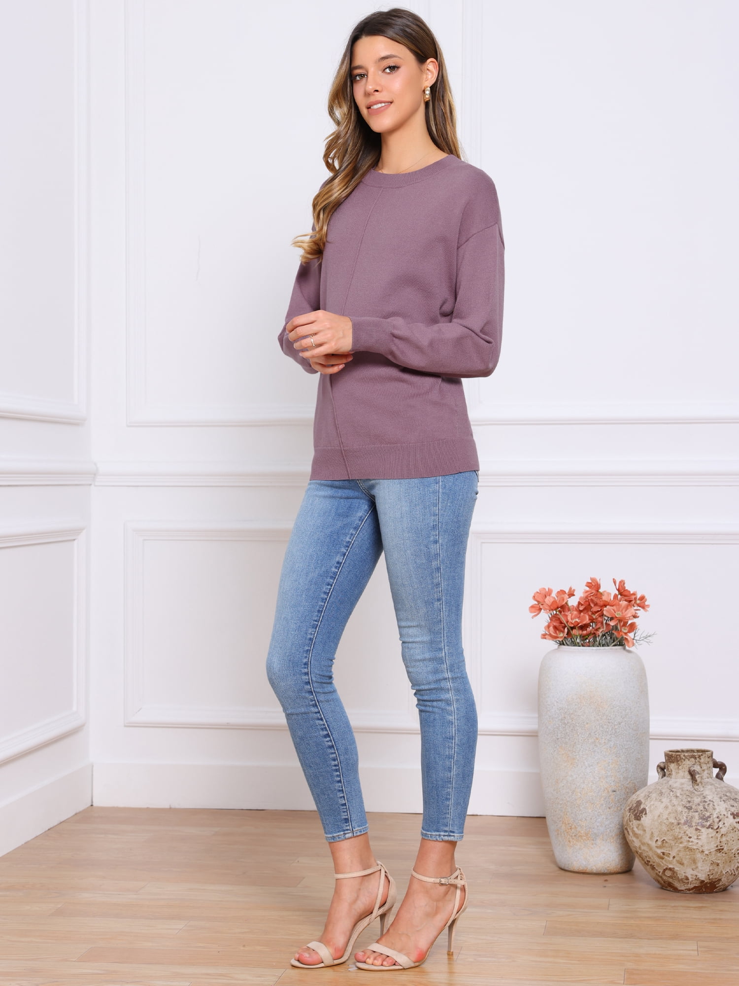 DARING DIVA Women's Long Sleeve Lightweight Crew Neck Knit Top M Dusty Lavender
