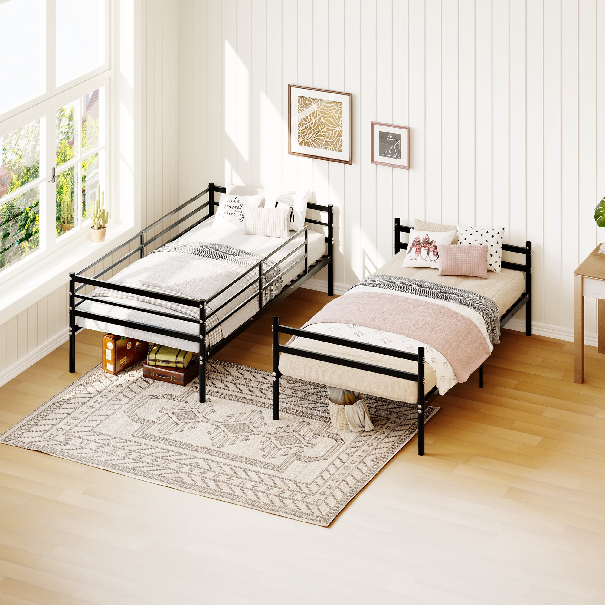 Leumius Twin Over Twin Bunk Beds,Heavy-Duty Metal Bunk Bed with Safety Guardrail & Ladder,Metal Slats Support,No Box Spring Needed,Black