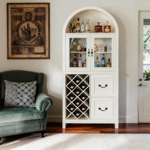 Arched Bar Cabinet with Glass Doors, 71" Tall Wine Storage Cabinet with Stemware Rack, Arched Pantry Cabinet for Kitchen, Dining Room, Farmhouse White Hutch