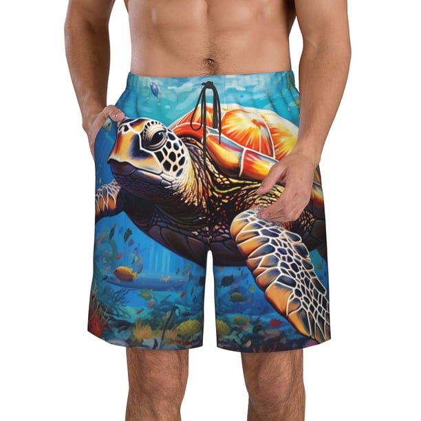 Balery Colorful Underwater Sea Turtle Traje de Baño Estilo Hawaiano para Hombre, Shorts de Secado Rápido con Bolsillos-Large