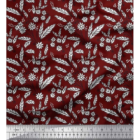 Soimoi Satin Silk Fabric Leaves & Floral Block Print Sewing Fabric Yard 42 Inch Wide