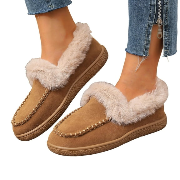 Womens Fluffy Fleece Lined Slip On Loafers Winter Warm Suede Snow Booties Comfortable Non Slip Dress Shoes