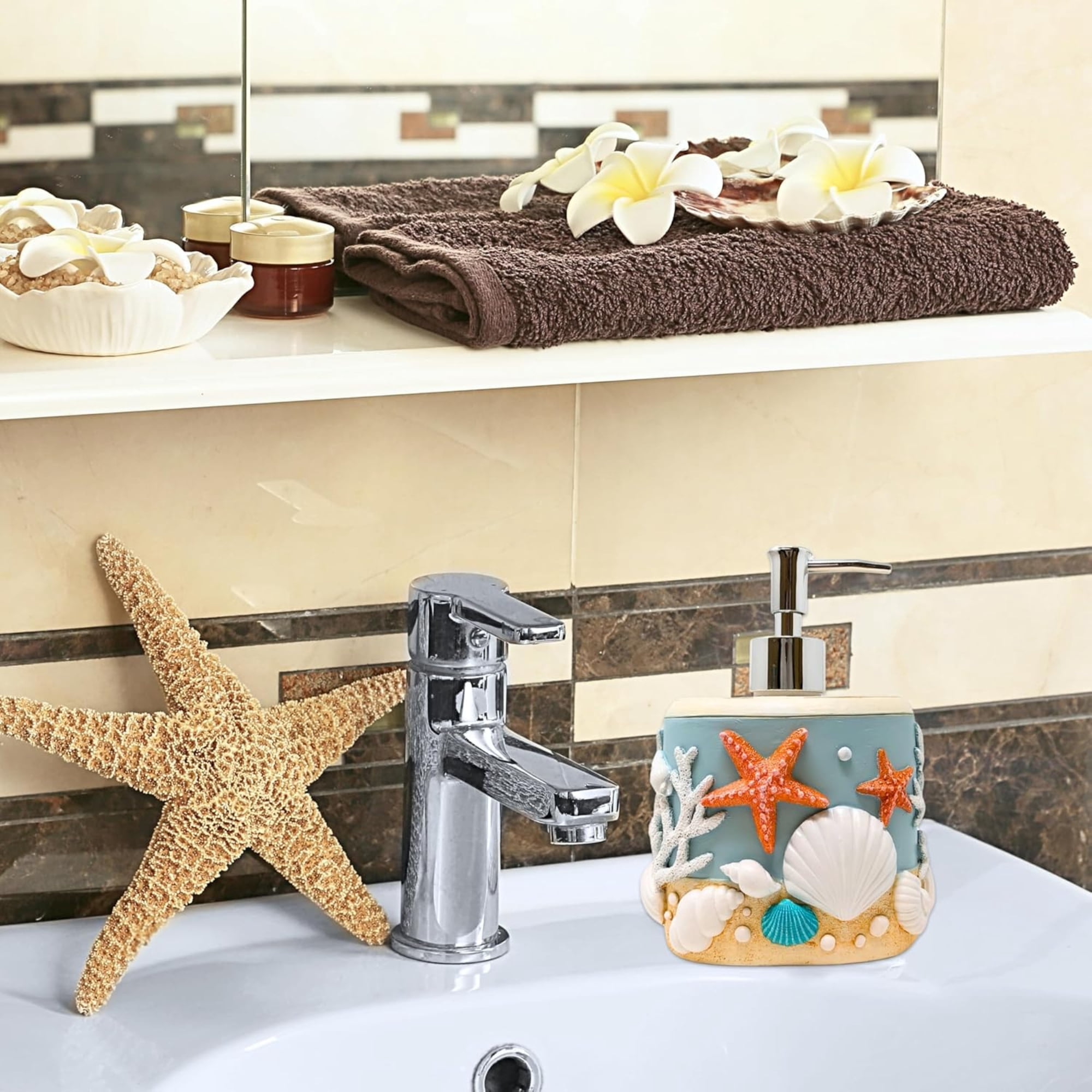 Seaside Splendor Pump Bottle Dispenser – 3D Resin Pump Bottle with Seashells & Starfish Nautical Design for Hand soap, or Lotion, Ocean-Inspired Bathroom Accessories, & Guest Bath Coastal Décor