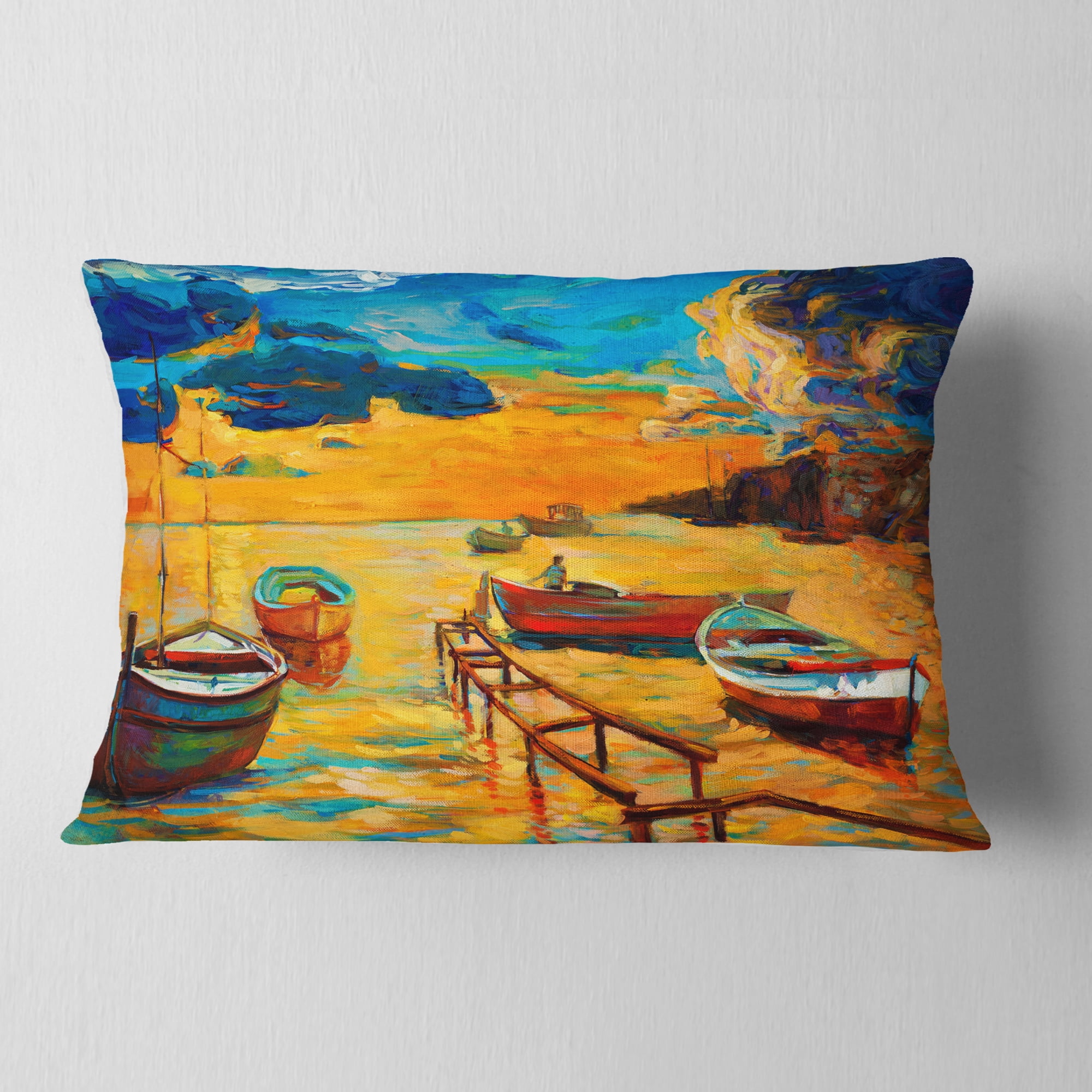 Designart Boats in Beautiful Sea - Seascape Throw Pillow - 12x20
