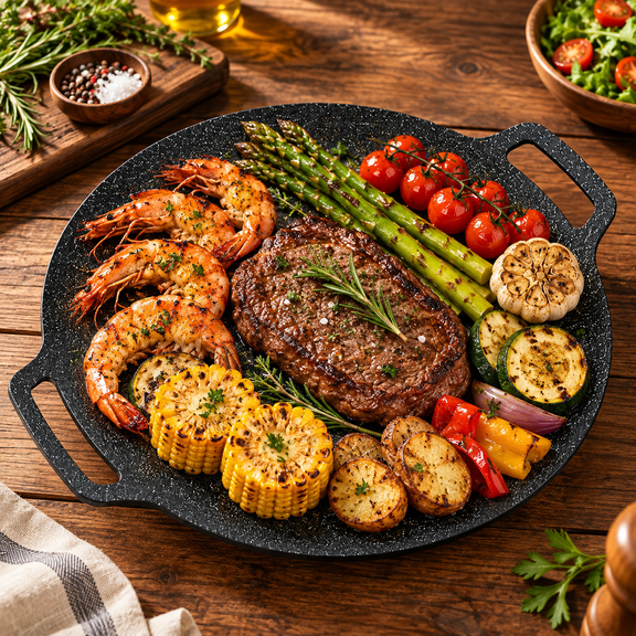 THDFTDT Cast Iron Griddle, 12.6 Inch Round Pan with Double Handles, for Stove, Campfire & BBQ