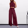 thumbnail image 4 of sunsanly 2 Pcs/Set Women Cro Top Pants Set Sleeveless High Collar Pleated Short Top Solid Color Drawstring High Waist Wide Leg Loose Trousers Set, 4 of 8