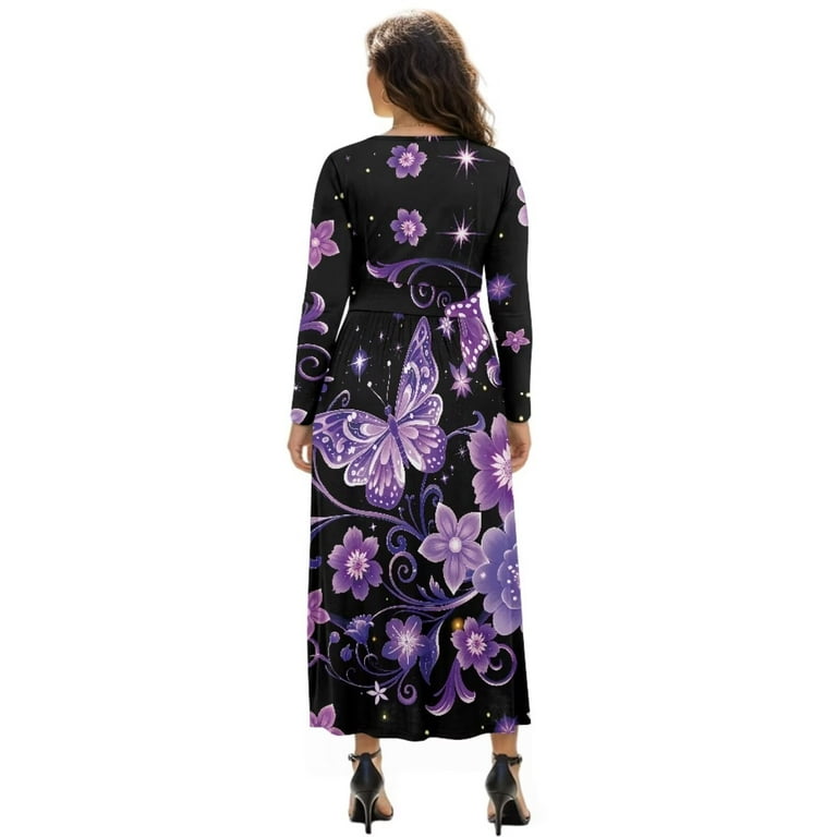 Fkelyi Purple Floral Butterfly Print Fall Maxi Dress for Women Long Sleeve A-Line Flowy Dresses with Side Pockets V Neck Casual Dress for Spring Fkelyi Purple Floral Butterfly Print Fall Maxi Dress for Women Long Sleeve A-Line Flowy Dresses with Side Pockets V Neck Casual Dress for Spring