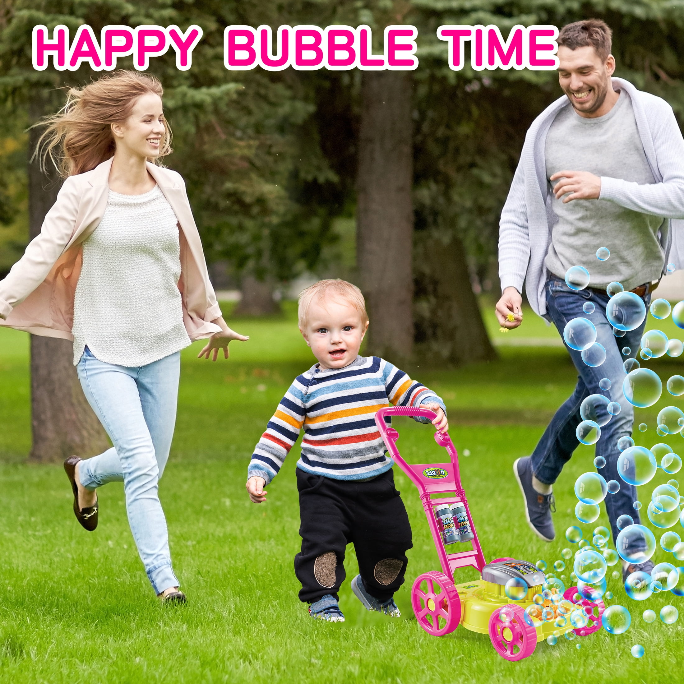 KOPPOP Bubble Lawn Mower - Bubble Machine for Outdoor and Indoor Use, Push Mower with Sound Effects and Bubble Blowing Function - Pink
