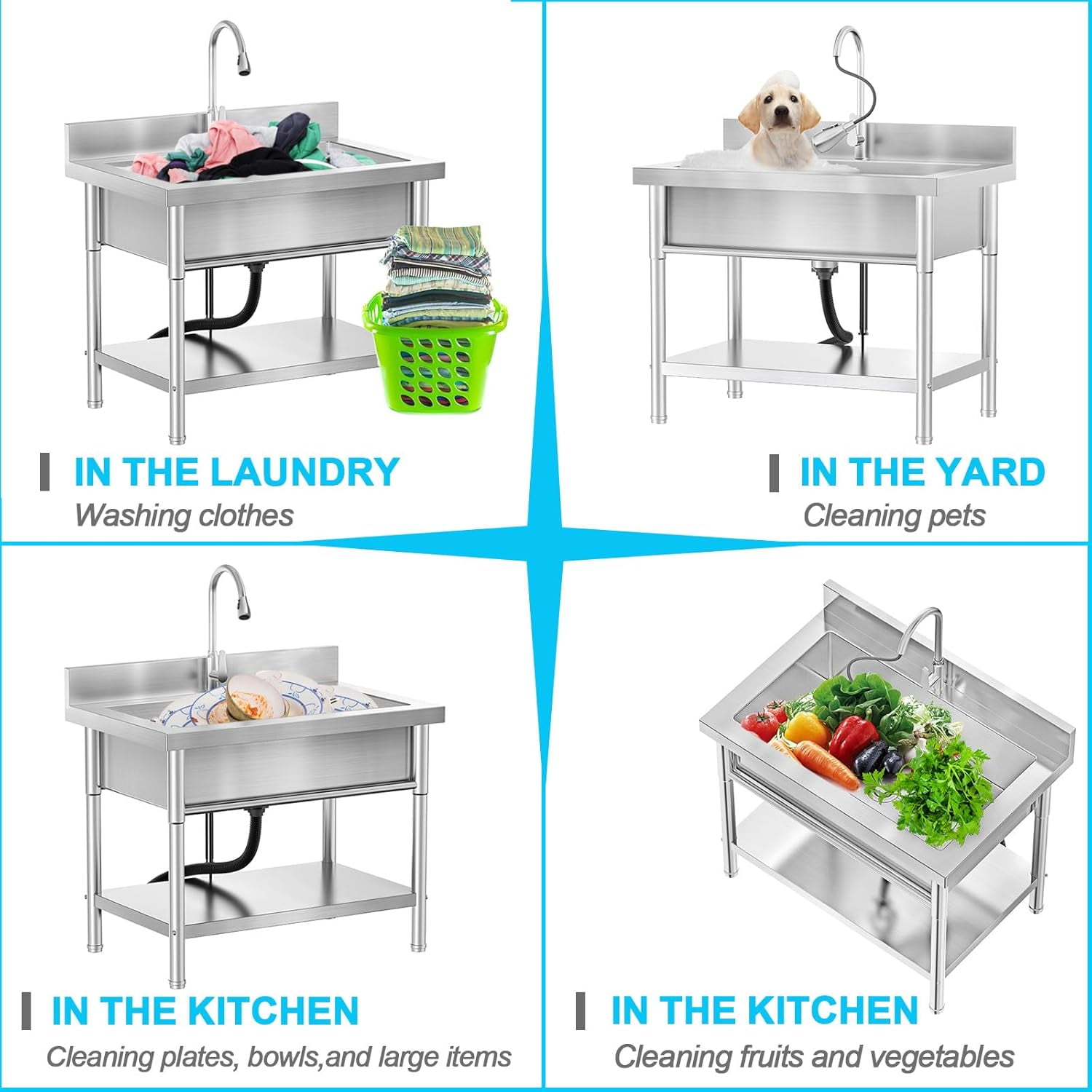 40" Stainless-Steel Sink Large Single Sink Accommodates larger volumes Can be used in kitchens, bathrooms, garages, undermount sinks Size34.65′′*16.53′′*9.84′′